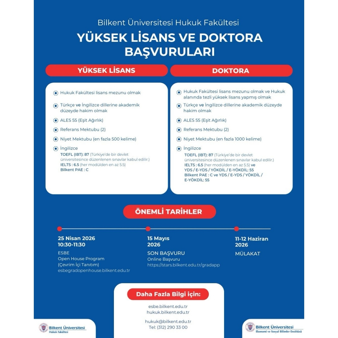 Bilkent Üniversitesi Hukuk Fakültesi Yüksek Lisans ve Doktora Başvuruları Açıldı!
